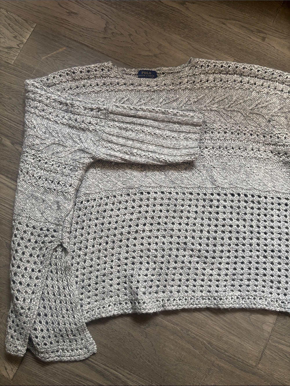 Polo Ralph Lauren | Grey Bohemian Open-Weave Cable Knit Sweater Poncho Size XL - Picture 4 of 14